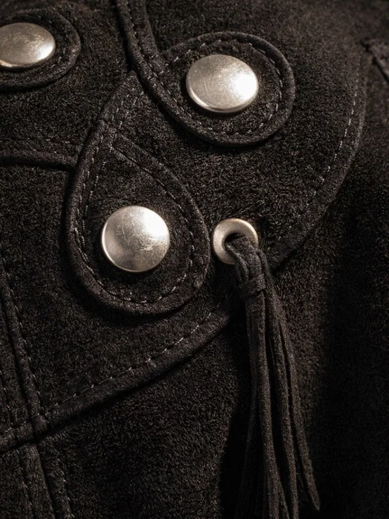 Vintage Suede Fringe Jacket Black Studded Cropped Indie Rock Revival S/M - Picture 5 of 9